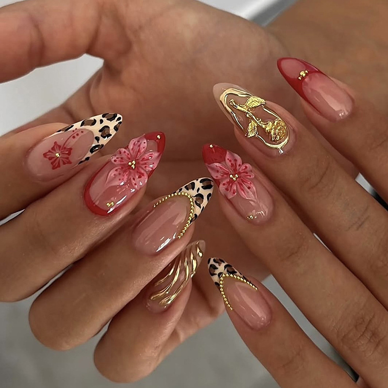 Nail Art Leopard - 24 Adet Leopar Desenli Fransız Badem